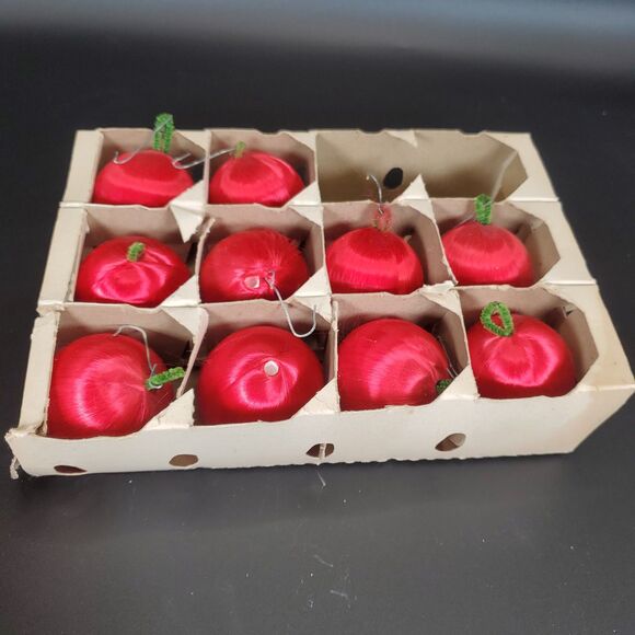 Vintage Red Satin Wrapped Ornaments 1960s Christmas Set of 10 - Picture 1 of 7